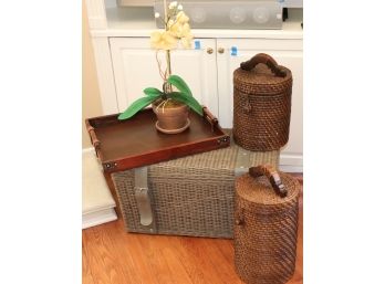 Lot Of Woven Storage Accessories And Leather & Wood Serving Tray With Faux Orchid Plant