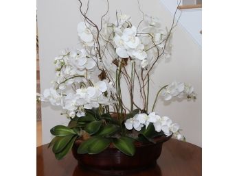 Quality Large Faux Orchid Arrangement In Vintage Wood Bowl