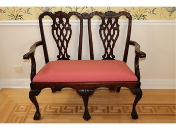 Antique Chippendale Style Settee With Light Cranberry Upholstered Seat