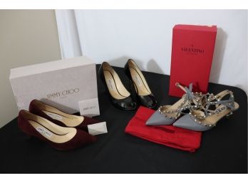2 Prs Of J Choo High Heels In Patent Leather & Suede & Pair Of Valentino Studded Strappy Sandals. 'Can Ship'