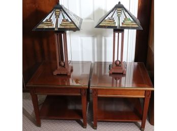 Pair Of Grange Furniture Cherrywood Finish Square End Tables With Arts & Crafts Style Slag Glass Table La