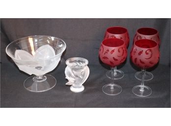 Lalique Frosted Love Bird Crystal Vase & Assorted Crystal Pieces