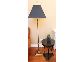 Ornate Fluted Brass Floor Lamp With Gold Foiled Interior Black Shade & Occasional Side Table With Faux Gre