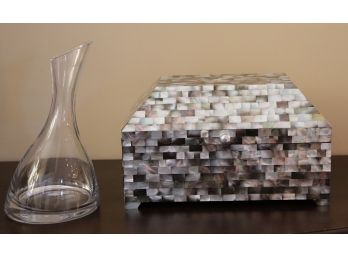 Unique Mother Of Pearl Treasure Chest With Nambe Crystal VaseDecanter