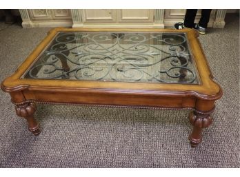 French Country Style Wood And Metal Scrolled Large Coffee Table