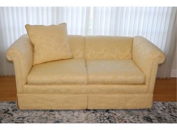 Vintage Custom Tight Back Roll Arm Loveseat With Pale Yellow Woven Brocade Upholstery