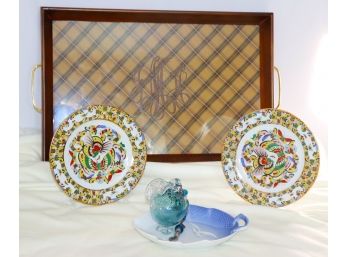 Wooden Tray With Brass Handles, Hand Painted Porcelain Dishes & Hand Blown Art Glass Sculpture