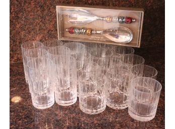 Lot Of Cut Crystal DOF Tumbler & Highball Glasses With A Pair Decorative Glass Serving Utensils New In Box