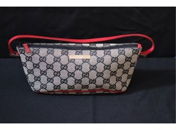 Authentic Gucci Navy Blue GG Monogram Canvas Pochette With Red Leather Trim & Strap. 'Can Ship'