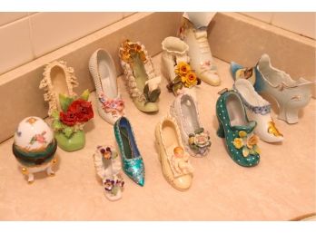 12 Vintage Assorted Hand Painted Decorative Porcelain Shoes & 1 Porcelain Egg