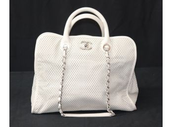 Authentic Chanel Deauville Small Tote Bag In Pierced Cream Leather. 'Can Ship'