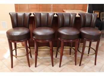 Lot Of 4 Quality Leather Swivel Bar Height Stools With Brass Foot Rest