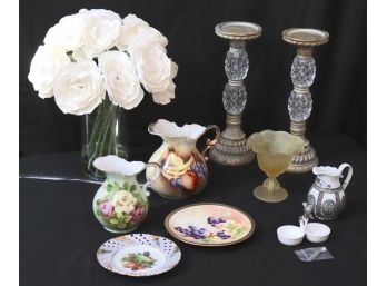 Eclectic Lot Of Decorative Tabletop Accessories  Hand Painted Porcelain, Faux Rose Arrangement & More!