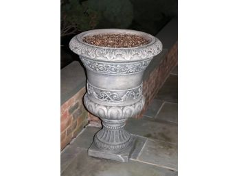 Pair Of Embellished Classic Roman Style Cement Footed Garden Urns