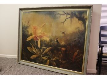 Signed Stanton Oil On Canvas - Tropical Scenery Of Birds Socializing In The Forest