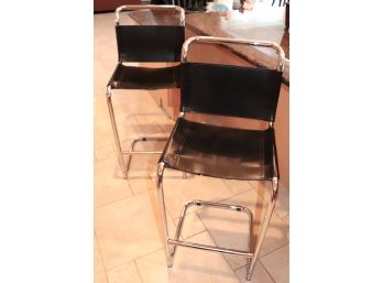Quality!!! Pair Of Modern Style Gordon International Chrome & Black Leather Counter Height Stools