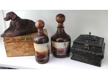 Lot Of Unique Decorative Accessories  2 Leather Wrapped Bottles, Metal Sculpture & 2 Small Chests