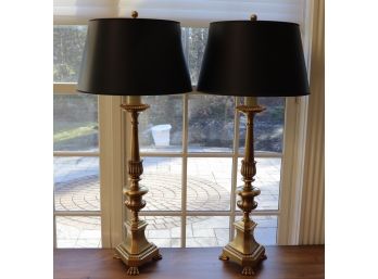 Pair Of Heavy Brass Candlestick BuffetConsole Table Lamps With Gold Foiled Interior Black Shades