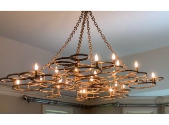 Metal Interlocking Various Size Ring Sculpture With 22 Arm Rustic Style Chandelier
