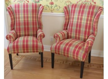 Pair Of Vintage Ethan Allen Petite Wing Back Chairs In Bright & Cheery Madras Plaid Style Upholstery