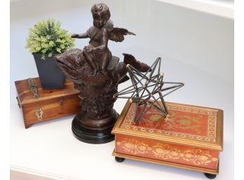 Lot Of Eclectic Decorative Accessories  2 Metal Sculptures, 2 Small Boxes & Faux Greenery In Tin