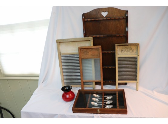 DECORATIVE SPOON DISPLAY SHELF WITH VINTAGE WASHBOARDS AND SPOON DISPLAY CASE.