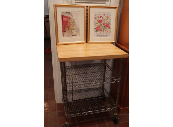 PAIR OF GOLD FRAMED PARFUMS FLORAL PRINTS WITH METAL ROLLING BUTCHERS BLOCK PREP CART