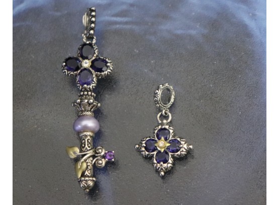 BARBARA BIXBY STERLING SILVER 2' PURPLE KEY PENDANT WITH SMALLER FLORAL ACCENT PENDANT, CAN SHIP