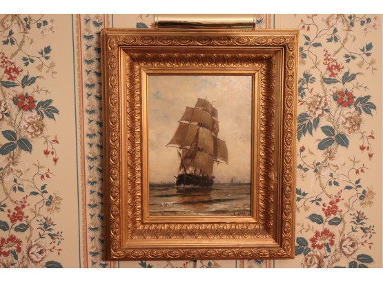 SIGNED NAUTICAL SAILBOAT BY H. CHASE PARIS 1877 IN BEAUTIFUL ORNATE GOLD WOOD FRAME WITH LIGHT