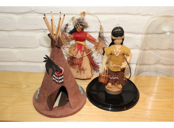 BROWN NATIVE AMERICAN LEATHER TEEPEE BY CARLSON DOLLS WITH ORNAMENT BY R. TRACEY & SOUVENIR DOLL