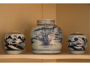 3 VINTAGE ASIAN GINGER JARS WITH HILLTOP LANDSCAPE JARS INCLUDE 2 B&W PORCELAIN JARS & 1 LARGER JAR WITH LID