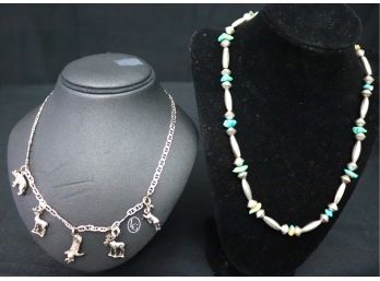 STERLING SILVER ANIMAL CHARM NECKLACE WITH STERLING BEADED & CUT TURQUOISE NECKLACE, CAN SHIP