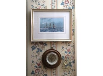 'THIRTY DAYS FROM SYDNEY' NAUTICAL WATERCOLOR BY JIM GRIFFITHS & VINTAGE ANEROID ROUND WOOD BAROMETER