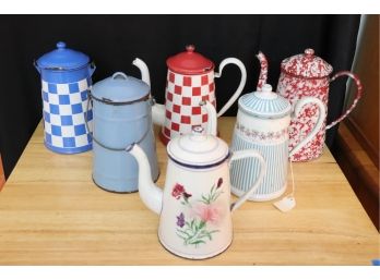 LARGE LOT OF VINTAGE ENAMELED WARE INCLUDES EUROPEAN COFFEE POTS AND CREAM PAILS