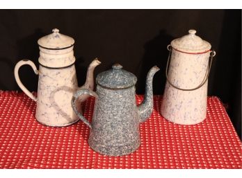 VINTAGE ENAMELED WARE INCLUDES EUROPEAN COFFEE BIGGIN, COFFEE POT WITH BLUE AND WHITE MARBLED COFFEE CARRIER