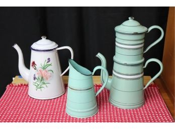 VINTAGE EUROPEAN ENAMELED WARE INCLUDES COFFEE BIGGIN WITH DOUBLE HANDLE, FLORAL COFFEE POT & MEASURING PITCHE
