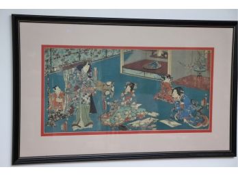 LARGE JAPANESE WOODBLOCK PRINT IN DOUBLE MATTED BLACK FRAME 39' W X 23' TALL