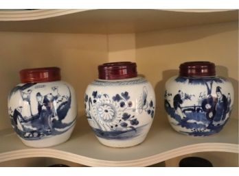 LOT OF 3 VINTAGE PORCELAIN ASIAN GINGER JARS WITH ASIAN CHARACTERS, FLORAL MOTIF & WOOD TOPS 5' TALL