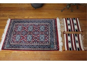 SMALL HANDMADE WOOL AREA RUG 25' W X 36' L WITH 2 SMALL SQUARE THROW MATS 12'
