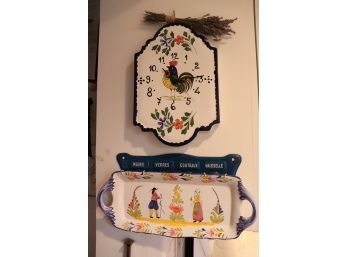 DECORATIVE FLORAL AND ROOSTER WALL CLOCK WITH SUR LA TABLE TRAY 16 & VINTAGE METAL ENAMEL UTENSIL HOOK 14 W