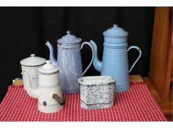 VINTAGE EUROPEAN ENAMELED WARE INCLUDES COFFEE POTS, CHOCOLATE POT WITH HANDLE & FARINA CANISTER