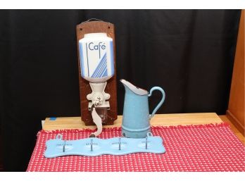 VINTAGE CERAMIC CAFE COFFEE GRINDER 5 W X 14 TALL ON WOOD MOUNT WITH VINTAGE ENAMEL TOWEL HOLDER & PITCHER