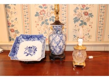 ELEGANT BLUE AND WHITE PORCELAIN FLORAL LAMP WITH SMALL BRASS GLASS LAMP & MOTTAHEDEH SQUARE BOWL  & MORE