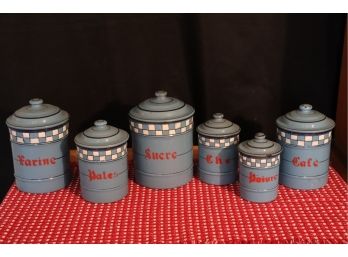 VINTAGE EUROPEAN CANISTER SET WITH WHITE CHECKS, RED TRIM AND FRENCH LETTERING INCLUDES CAF & SUCRE CANISTERS