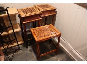 SET OF MATCHING BAMBOO STYLE PEDESTALS WITH SMALL SIDE TABLE