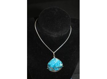 STERLING CHAIN 24' LONG WITH POLISHED BLUE STONE PENDANT 1.5' SEA JASPER FOSSIL SEA SEDIMENT BY SUSAN PACKA