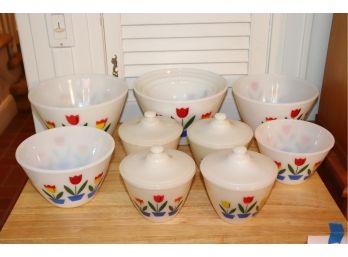 VINTAGE MCM 1950'S ANCHOR FIRE KING 'TULIPS ON IVORY' SPLASH PROOF MIXING BOWLS OVENWARE MADE IN USA