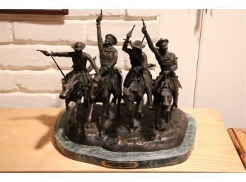 FREDERICK REMINGTON BRONZE STATUE COMING THROUGH THE RYE ON A MARBLE BASE 15 W X 11 D X 14 TALL