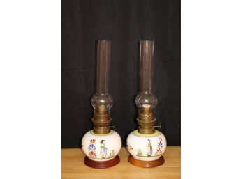 PAIR OF TALL VINTAGE PORCELAIN HENRIOT QUIMPER FRANCE OIL LAMPS APPROXIMATELY 17 TALL