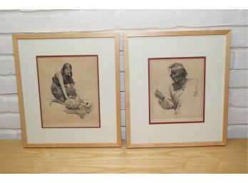 2 SIGNED NATIVE AMERICAN ETCHING PRINTS IN MATTED FRAME NAVAJO TRADER' BY E DE WOLF & AT THE SPRING BY CHAR